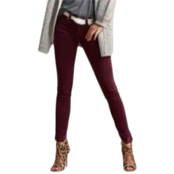 CAbi Style #3197 Maroon Burgundy Skinny Velvet Corduroy Pants  Jeans Women's 6 - Picture 1 of 7